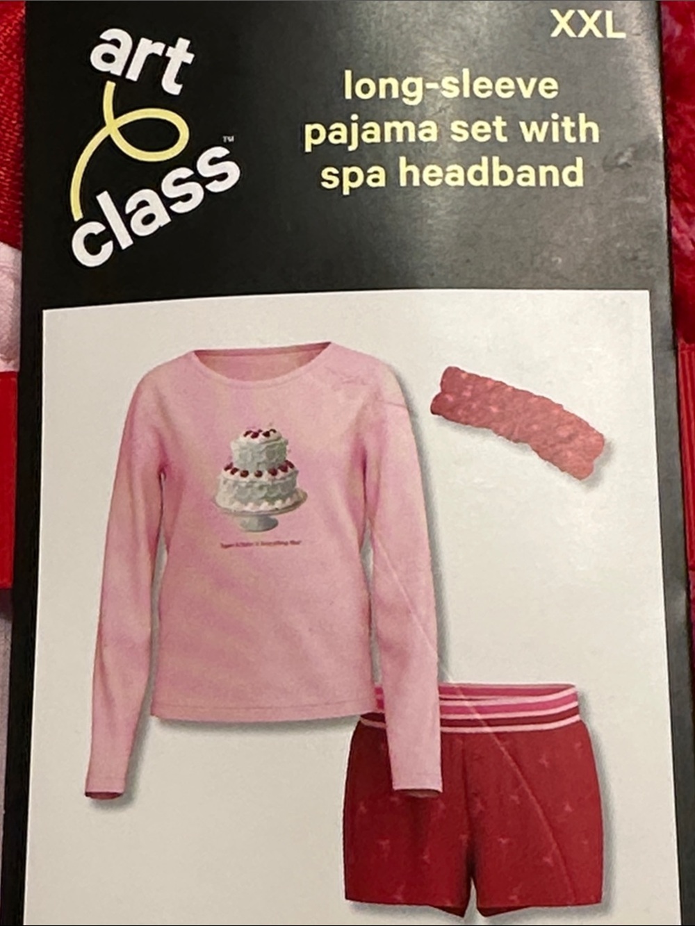 art class Pink Long-Sleeve Pajama Set with Red Shorts, cake and bow print
